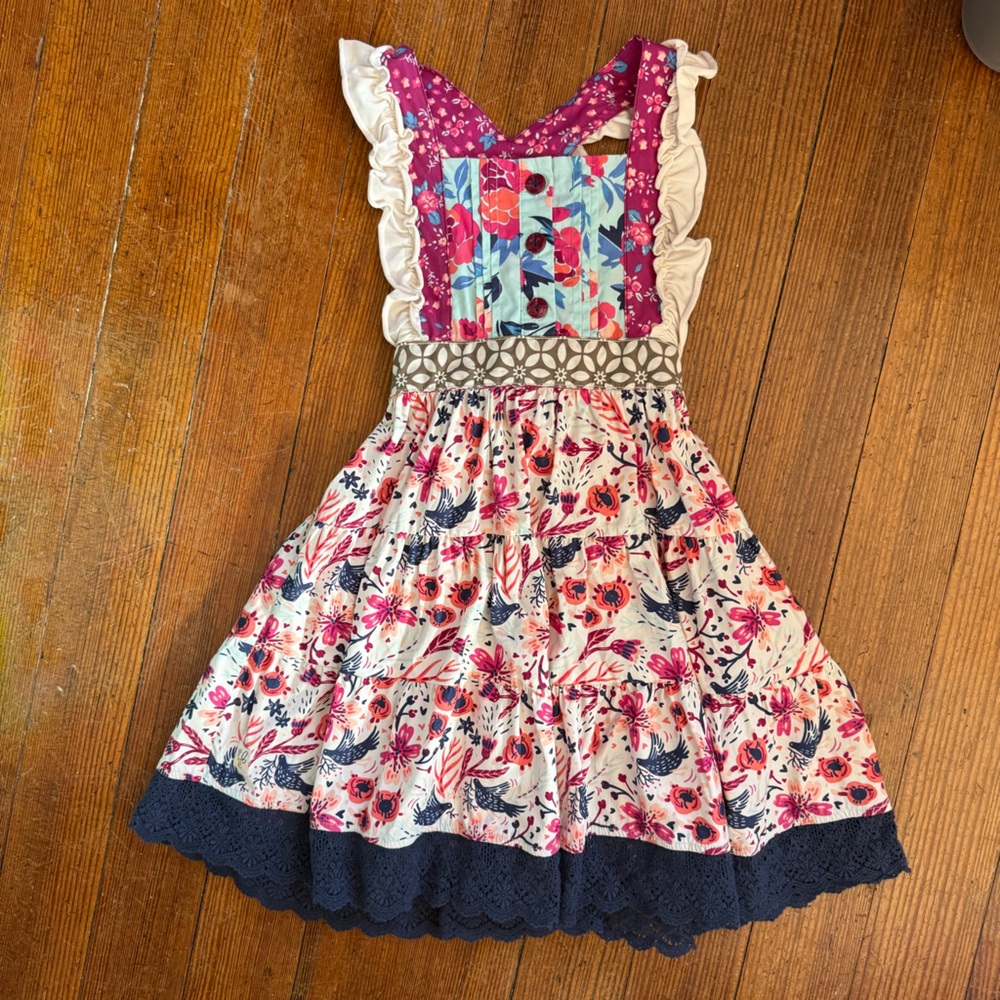 Wildflowers Girls Floral Patchwork Dress in Pink, Navy & Cream